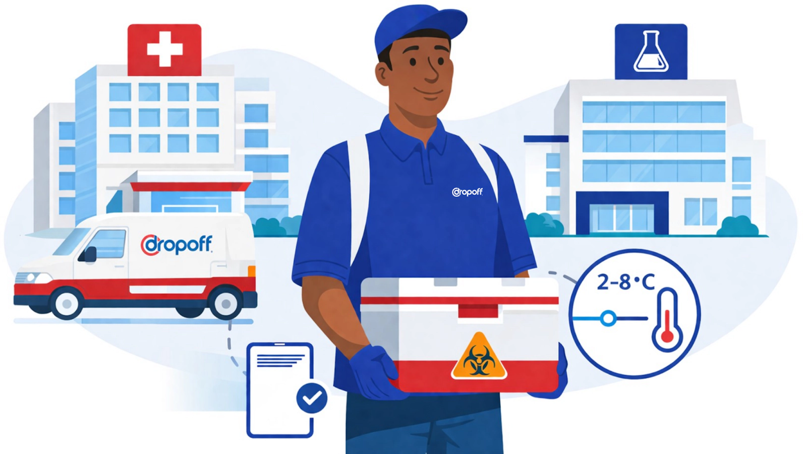 Biological sample courier transporting temperature-controlled medical specimens between hospital and laboratory with chain-of-custody tracking and insulated specimen cooler.