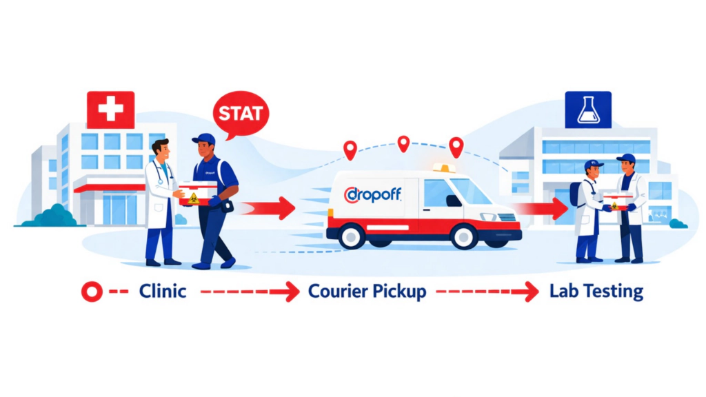 STAT medical courier workflow showing clinic handing off a biological specimen to a courier, direct transport by delivery van, and laboratory receiving the sample for testing.