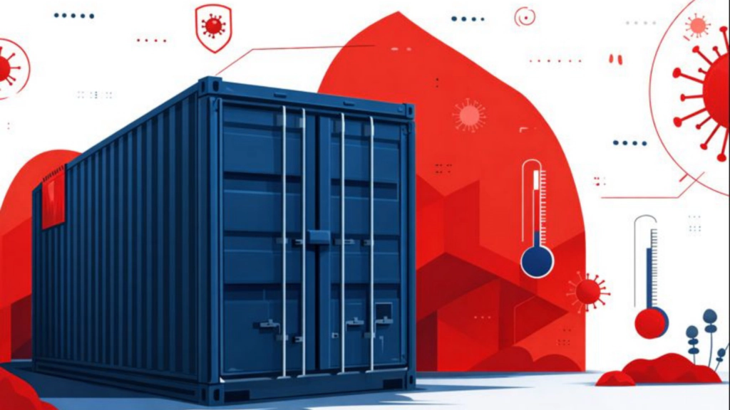 Illustration showing temperature and environmental risk in last-mile logistics, with a shipping container exposed to heat and cold during delivery.