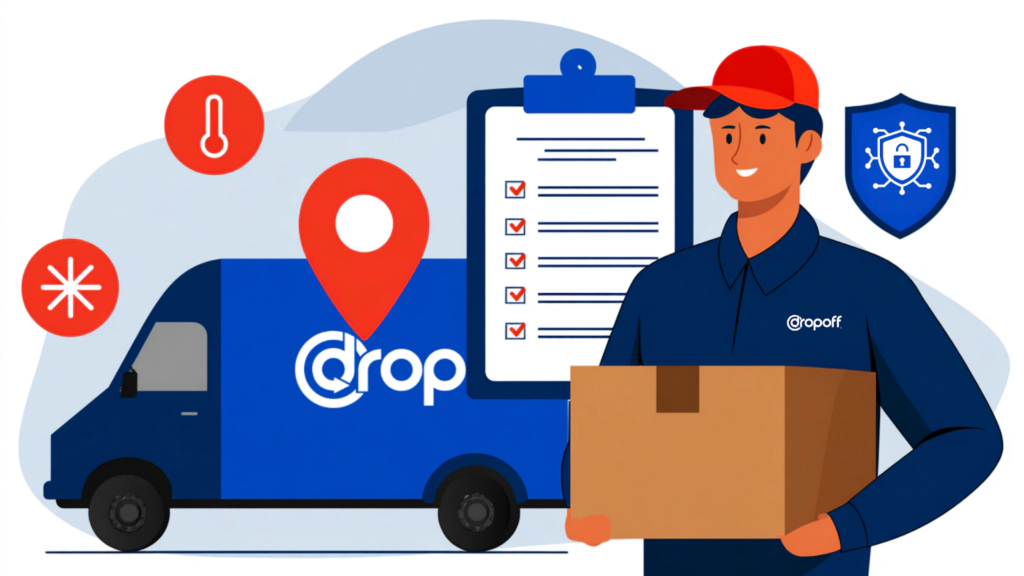 Illustration of a shipping container representing logistics risk management in last-mile delivery, highlighting temperature control, environmental exposure, and compliance risk.