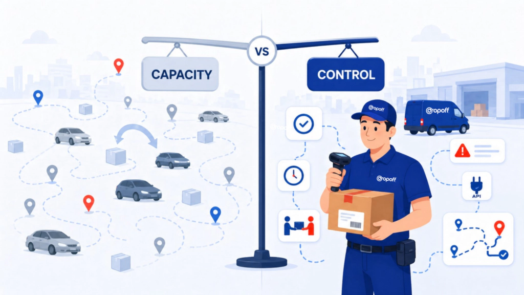 Capacity versus control in same-day delivery with proof of delivery, chain of custody, tracking, API integration, and exception management