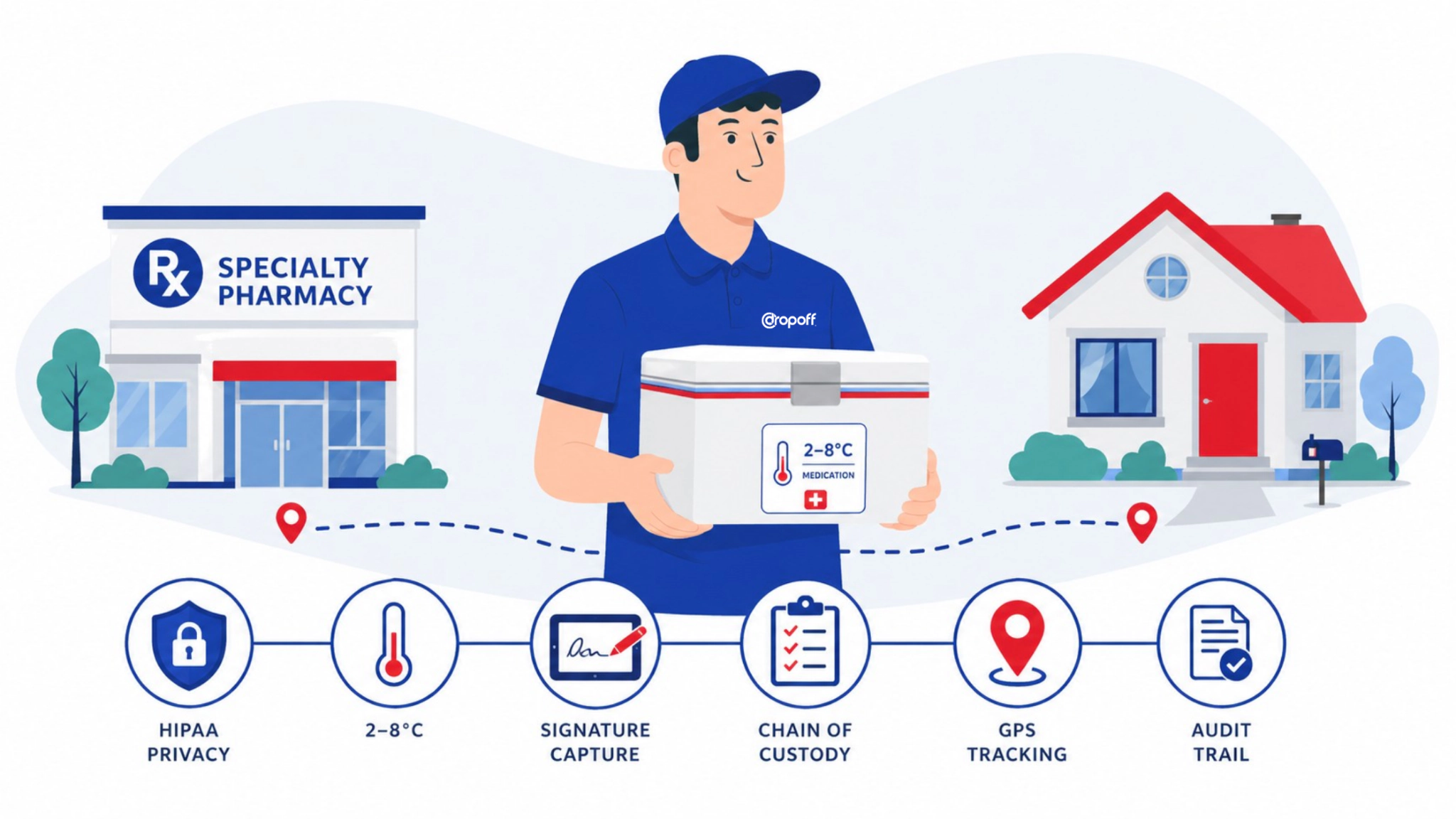 Dropoff courier managing pharmaceutical logistics compliance for specialty pharmacy last-mile delivery