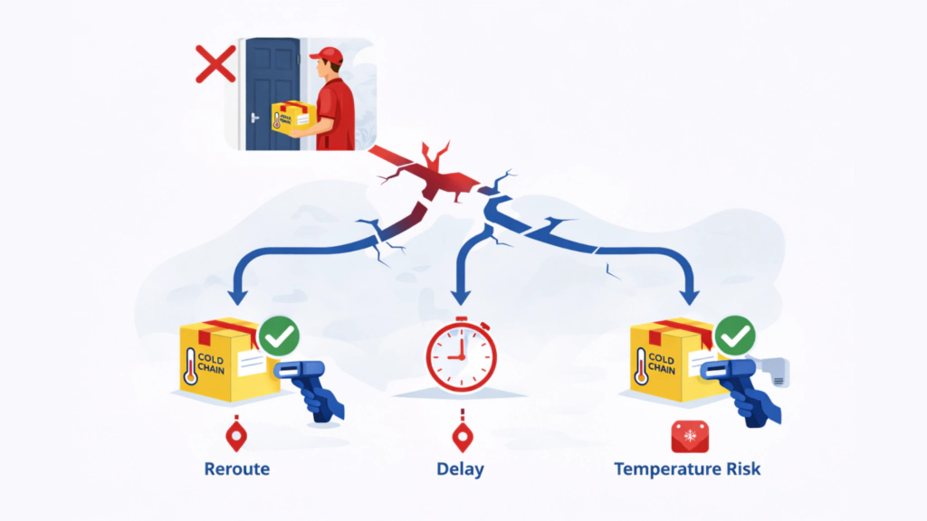 Missed specialty pharmacy delivery leading to rerouting, delays, and increased cold chain risk during exception handling