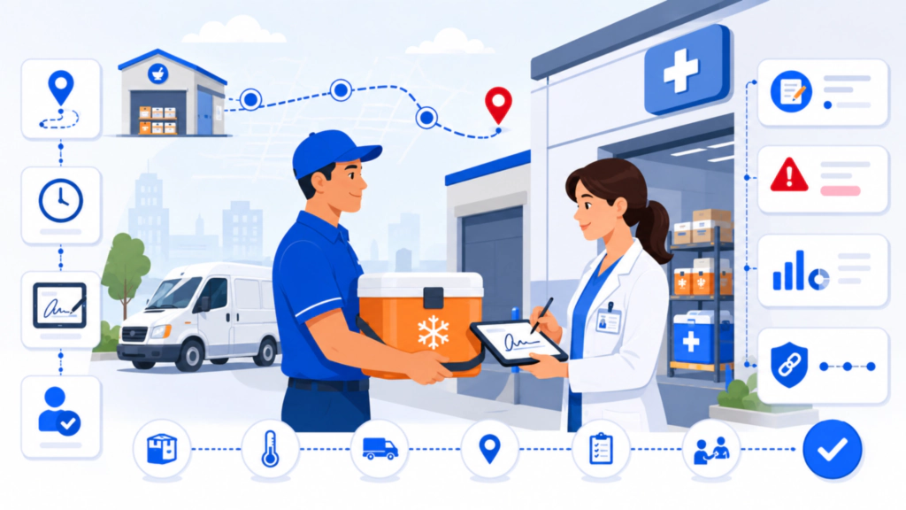 Dropoff courier completing proof of delivery with real-time tracking and handoff verification