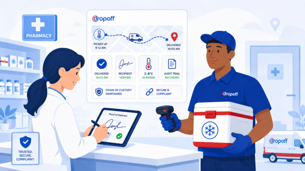 Dropoff courier completing healthcare delivery with signature capture, chain of custody, real-time tracking, and audit trail